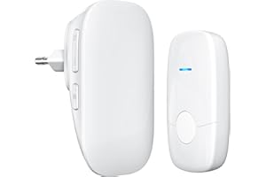 JeaTone Sonnette sans Fil Exterieur Etanche, IP55 Etanche Carillon 150 Mètres, 36 Mélodies et 4 Niveaux Volume, Kit d'un Récepteur et d'un Emetteur, Indicateur LED, pour Maison, Hôtel, Blanc