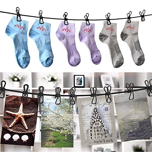 JTDEAL flexible Wäscheleine, Kleiderhaken, Outdoor Wäscheleine mit 12 beschichteten Klammern für Reise, Urlaub, Camping, 180cm-340cm, Schwarz - 5