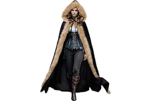keland Viking Fur Cape Velvet Hooded Cape Medieval for Halloween (Black)
