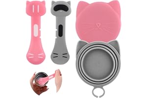 LAM-LORD 4pcs/2pcs Cat Food Can Lid, Pet Food Can Covers with Mixing Spoon, Reusable Leakproof Cat Food Can Tin Lid for Animal Wet Food Storage Keep Fresh(pink+grey,size:4pcs)