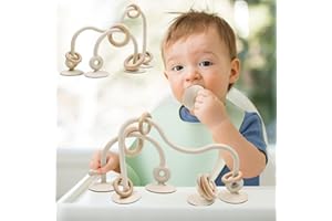 AiTuiTui Zabawki na ząbkowanie dla niemowląt, Wielofunkcyjna zabawka do ssania na wysokim krześle dla malucha powyżej 3 miesiąca życia, Zabawki sensoryczne z drewnianym pierścieniem, Beżowy