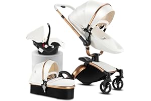 Reenborn Cuir PU Poussette 3 en 1, Poussette Bebe avec Siège Réglable Rotation à 360°, Pousette avec Cadre Aluminium Haute Paysage, Pousette 3 en 1 avec Conception Pliable en Un Clic (906 White)