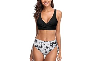 RAYSON Maillot de Bain Femme 2 Pièces Bikini Taille Haute Maillot de Bain Ventre Plat Col V Push Up à Torsion Frontale String Thong Laçage Latéral