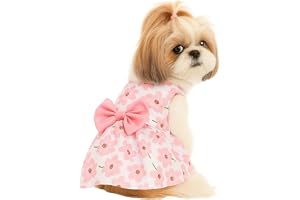 KUTKUT Floral Pattern Dog Dress with Lovely Bow Pet Apparel Dog Clothes for Small Breed Dogs and Cats Puppy Summer Dress Dogs and Cats Birthday Pet Apparel Dresses (Size:L, Bust:42cm, Length:32cm)