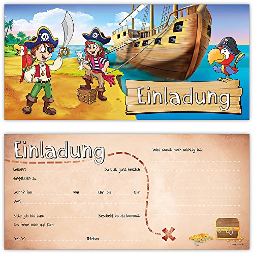 Piraten Einladungskarten mit Umschlägen (12er Set) zum Kindergeburtstag von BeriluDesign | Schatz-Karte Schatzsuche Kinder Geburtstag-Einladungen Karten Feier Party Jungen - 2