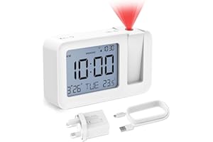 CHEREEKI Projection Alarm Clock, Digital Projector Clock Mains Powered Bedside with Big Digit Display, Indoor Temperature Display, Snooze, 4 Adjustable Brightness for Bedroom, Home (White)
