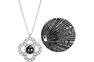 Emibele I Love You in 100 Languages Necklace, Four Leaf Lucky Clover Pendant Necklace, Romantic Projection Chain Necklace for Women Wife Lover Girlfriend Mother Valentine Birthday, Silver