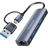 Adaptador USB-C Ethernet, 5 in 2 Adaptador USB a Ethernet RJ45 Gigabit 1000Mbps, Adapter Type-C LAN con 3 Puertos USB 3.0 y 1