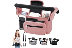 HINATAA Baby Pram Bag Stroller,Baby Stroller Organizer- Detachable Phone Bag & Shoulder Strap, 2 Insulated Cup Holder,Buggy Organiser Bag with Shoulder Strap&Non-Slip Secure Hooks (Pink)
