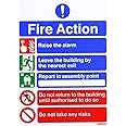 V Safety 12006AN-R General Fire Action 5 Message Risks Sign, Portrait, Black/Blue/Green/Red, 1 mm Rigid Plastic, 150 mm x 200 mm