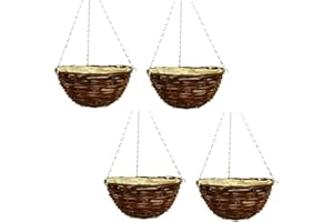 Fyne-Finds 36cm 14Inch Dark Brown Wicker Hanging Basket Lined Rattan Willow Planter 4 Pcs With Liner Metal Chain