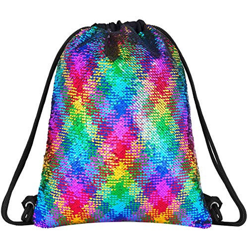 Deeplive Mochila con cordón de Sirena y Lentejuelas Reversibles, Bolsa de Baile, Escuela, Deportes al Aire Libre, para niñas, Mujeres y niños, Arco Iris