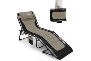 ‎WKFAMOUT WKFAMOUT Übergroß Sonnenliege Klappbar Gartenliege 5 Verstellbarer Rückenlehne Outdoor Faltbar XXL Dreibeinliege Strandliege Campingbett bis 150KG mit Kissen Seitentasche 200x68CM Khaki