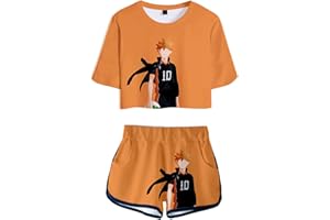 YIMIAO Haikyuu Anime Crop Top Camisetas y Pantalones Cortos Deportivos Karasuno para Niñas y Mujeres Impresión 3D Kageyama Verano Casual Manga Corta Pantalones Cortos