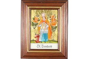 Hinterglaswerkstätten - Hinterglasbild/Patronatsbild Hl. Leonhard mit braun gebeizten Holzrahmen, handbemalt mit Legende des Heiligen auf der Bildrückseite, ca. B: 12,5 x H: 16 cm