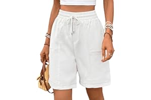 HOTIAN Bermuda long élastique pour femme - Taille haute - Jambes larges - Pantalon d'été en coton décontracté avec poches