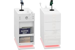 RCYNVIEW Comodino Stretto con Stazione di Ricarica e LED, Comodini Bianco Camera da Letto con 3 cassetti e Libreria Bianco Comodino Lucido 50x30x63cm Comodino Moderno per Ufficio Soggiorno