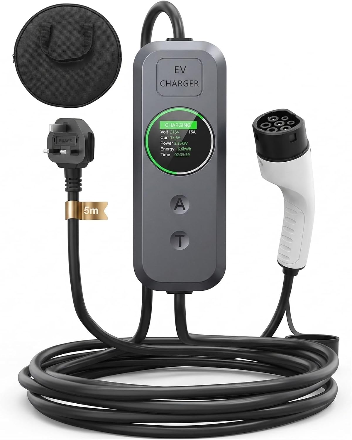 EV Charger Cable Type 2 to 3 Pin Plug, 5M 3.5kW Electric Car Charger, 8/10/13/15/16A Adjustable Type 2 Charging Cable, EV Charger with LED Indicator, Ev Charging Cable for EV & PHEV