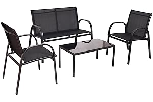 CASART 4 Piece Garden Furniture Set, Patio Conversation Set with Loveseat, Coffee Table and 2 Armchairs, Outdoor Sofa Dining Set for Balcony Backyard Poolside (Fabric+Glass, without Cushions)
