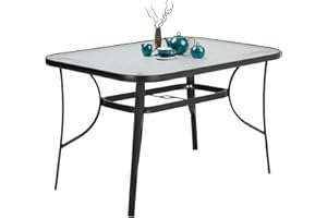 DKIEI 120x80cm Rectangle Outdoor Table Coffee Table Patio Table Garden Dining Table Steel Frame Tempered Glass Table Top with Umbrella Hole for Yard Bistro Lawn Balcony, Black