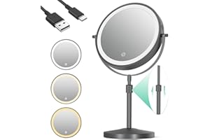 Schminkspiegel mit Beleuchtung, iklestar 1X/10X Kosmetikspiegel mit Vergrößerung, 20,3 cm Höhenverstellbarer Vergrößerungsspiegel mit Licht, 360° Drehung Make up Spiegel, Schwarz