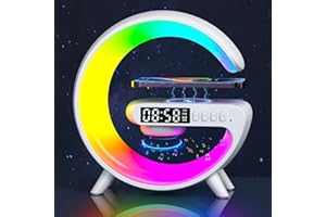 Domigard Wireless Speaker Charger Light, RGB Color Changing Atmosphere Lamp, G-Shaped Bedside Lamp Alarm Clock with Wireless Charger 5W for Bedroom, Birthday Gifts(White-Charging)