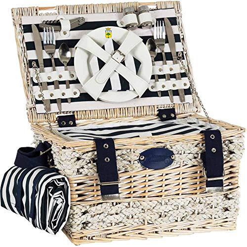 Les Jardins de la Comtesse - Cesta de Picnic Marine - Completa para 2 Personas - Compartimiento Isotérmico/Mantel Impermeable - Platos de Cerámica/Copas de Vino de Vidrio - 43 x 30 x 23 cm
