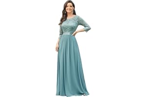 Ever-Pretty Vestito Donna Elegante Cerimonia 3/4 Manich Stile Impero Maxi Linea ad A Pizzo Chiffon Abiti da Damigella EP07412