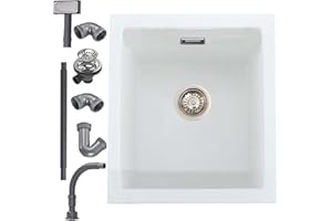 iAnomla Quartz White Kitchen Sink, 40x45cm/16x18in, Composite Inset/Undermount Kitchen Small Sink Waste Kit,Single Bowl Commercial with Overflow, Suitable for Workstation