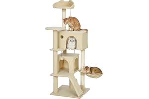PawHut 140cm Cat Tree, Multi-Level Large Cat Tower with 3 Sisal Scratching Posts, Condos, Plush Perches, Hammock, Ladder, Dangling Balls, Kitten Activity Centre for Kittens Playing Relaxing, Beige