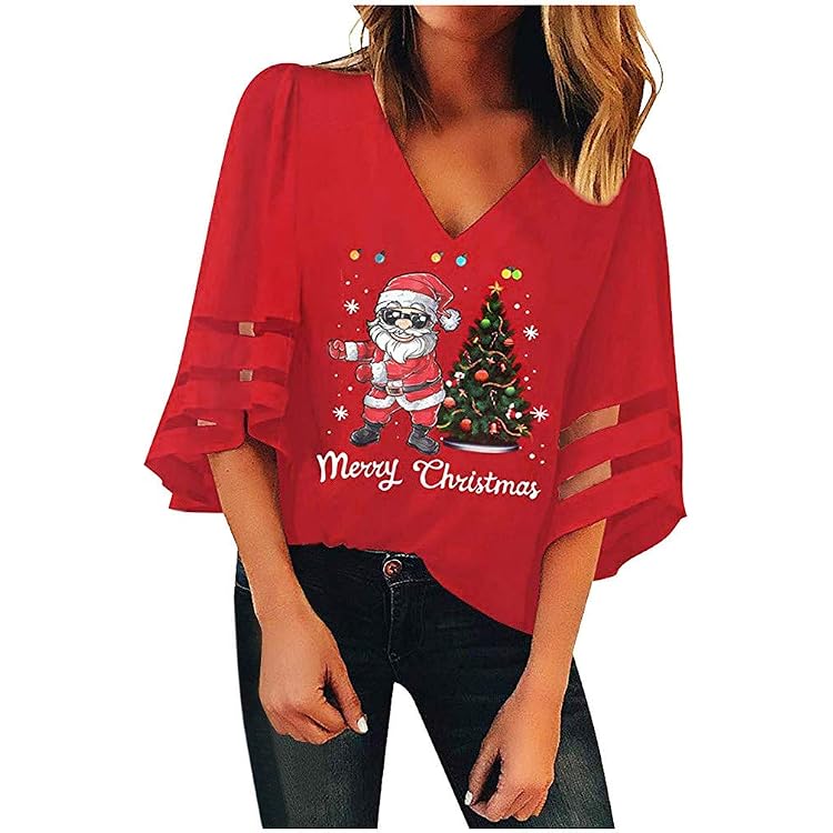 T-shirt De Noël Humour Pour Femme - Haut à Motifs Festifs Manches Courtes - 10