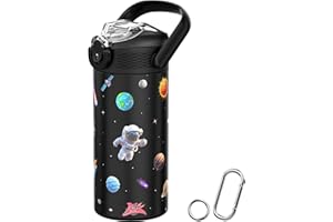 MYFOREST 400 ml isolierte Kinder-Wasserflasche, chirurgischer Stahl, hochauflösendes Originalmuster, spülmaschinenfest, Namensschild, Karabiner (Schwarz. Weltraum)