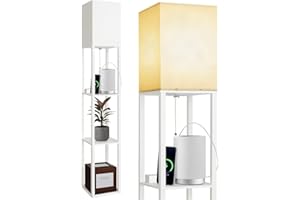 DEANIC Floor Lamp with Shelves, Modern Standard LED Lamps Living Room Bedroom Office, Wooden Tall Standing Lamp Reading Lamp Stand (White, with USB Charging)