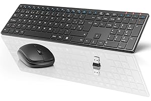 WISFOX OFFICE Teclado y Raton Inalambrico Español, 2,4 GHz Ultra Delgado Silenciosos Teclado y Ratón Inalámbricos con 19 Atajos Multimedia & USB 2 en 1 para Windows, Computer, Desktop, PC, Laptop, Mac (Negro)