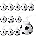 Sawysine 12 Set Soccer Ball Cups with Straws and Lids, 10 oz Plastic Reusable Soccer Cups Bulk for Kids Birthday Theme Party Supplies