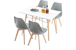 ‎FURNITABLE FURNITABLE Essgruppe 5-teilig | Küchentisch-Set | Esszimmertisch mit Stühlen | Esszimmergruppe für Esszimmer Küche Wohnzimmer | Weißer Esstisch & 4 Grauen Stühlen