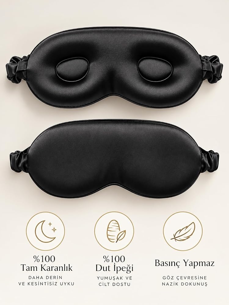 ICON SILK 3D Tam Karanlık Saf İpek Uyku Maskesi - Işık Geçirmez Göz Bandı, Seyahat ve Günlük Kullanım İçin (Siyah)