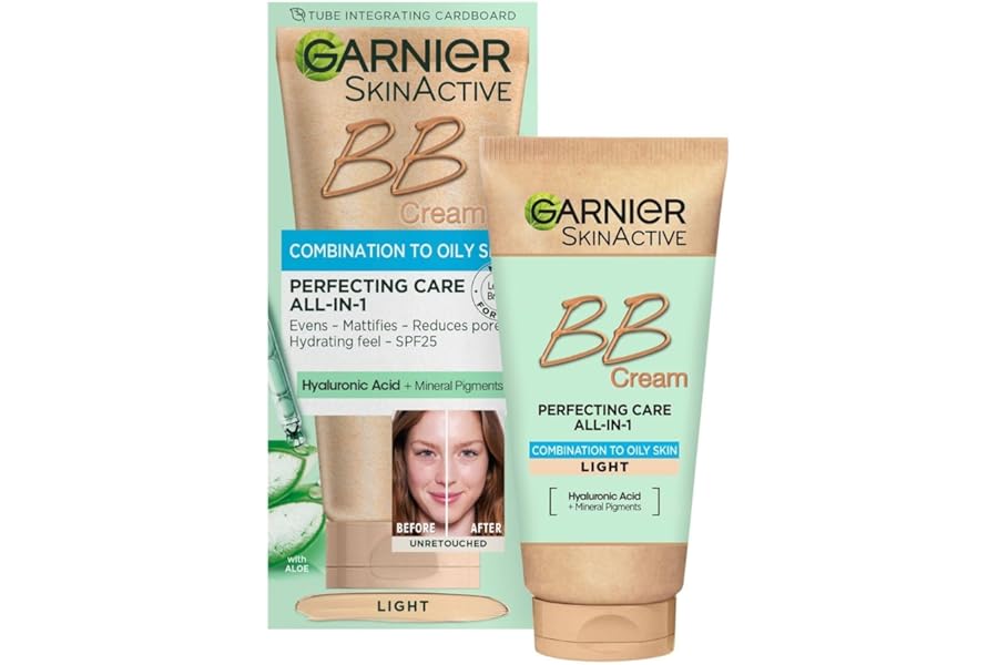 Garnier Oil-Free Perfecting All-in-1 BB Cream, Shade Light, Tinted Moisturiser SPF25, Mattifies Skin & Evens Complexion, With Hyaluronic Acid, Aloe & Mineral Pigments, 50ml