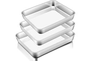 Homikit Baking Tray Set of 3, Stainless Steel Deep Baking Sheet Pans, Rectangle Traybake Cake Tin for Cookie Lasagna Flapjack Brownie, Healthy & Heavy-Duty, Brushed Finish & Dishwasher Safe - 3 Size