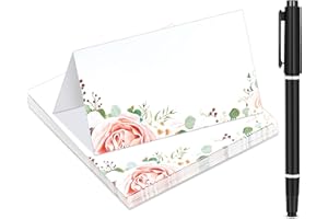 NEZYO 50 Pcs Wedding Place Cards with Pen Eucalyptus Table Cards for Weddings Greenery Table Seating Cards Paper Tented Wedding Name Cards for Table Setting Wedding Birthday Dinner Party (Flower Style)