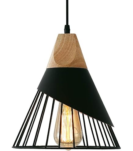 Hongho Lámpara Colgante Cilindro De Metal Y Madera – Forma De Micrófono, Pantalla Negra Con Detalles Amarillos – E27, Cable Ajustable 100cm – Para Comedor O Cocina