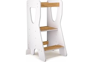 COSYLAND Lernturm ab 1 Jahr - Learning Tower - Höhenverstellbar Montessori Lernturm mit Kippschutz, Weiß und Natur