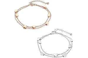 HAOSELL Cavigliera da donna con cuori dell'amicizia e stelle, doppia catena, per donne e ragazze, elegante colore oro rosa, 20 cm, Acciaio inossidabile