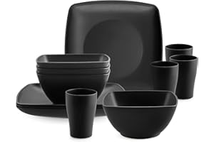 HOMGEN Juego de Platos y Tazones de Plástico de 12 Piezas- Juego de Vajilla Irrompible para Camping 4 Personas - Platos de Cocina Reutilizables, Juego de Cena Apto para Microondas y Lavavajillas