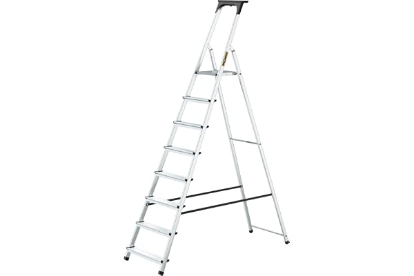 Drabest – Hushållsstege – 8 steg – Arbetshöjd 3,62 m – Hopfällbar Atege i Aluminium, max. 125 kg, med Praktisk Avställningsyta – Aluminiumstege med Plattform 25x26cm, Halkfria Fötter