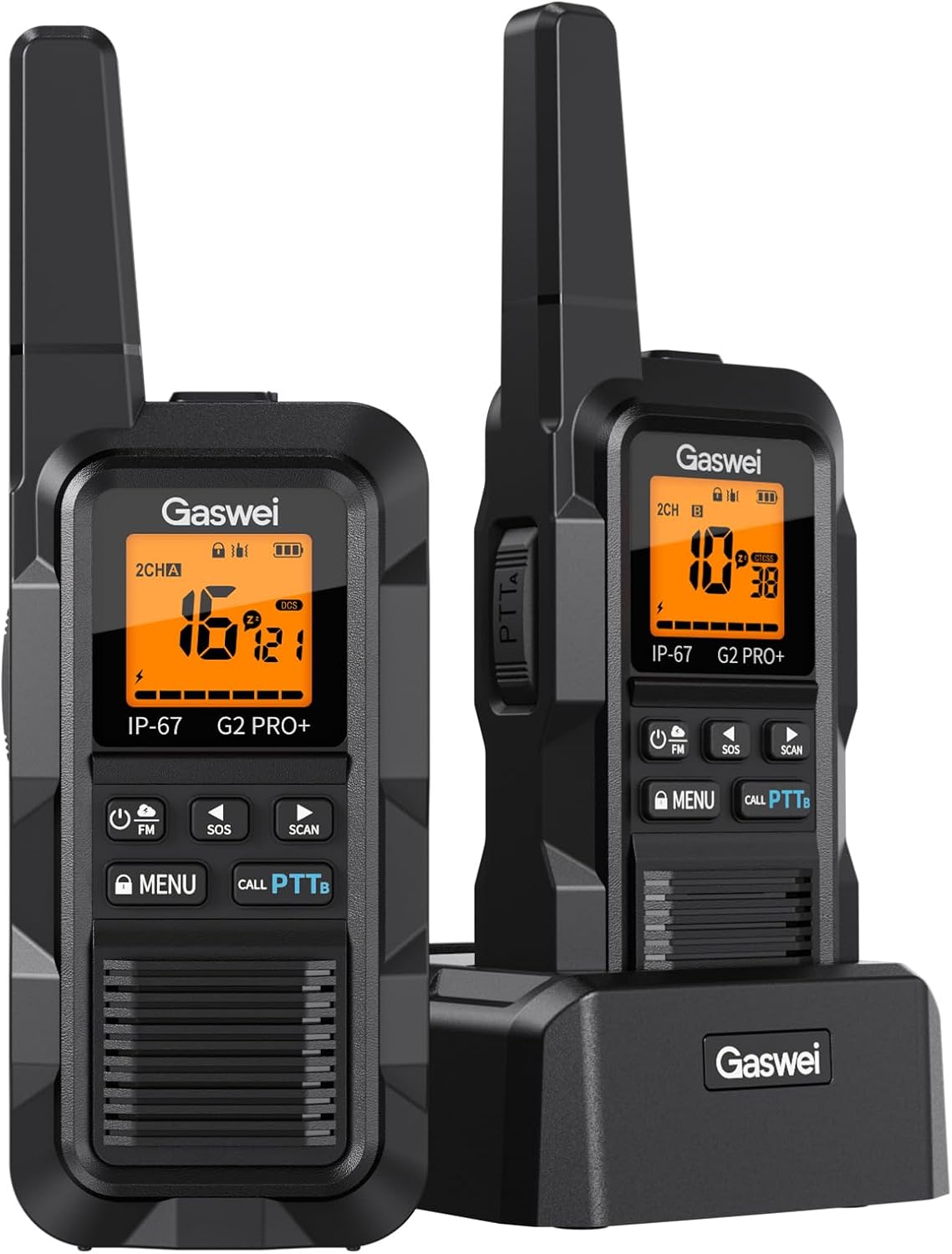 Gaswei G2Pro Walkie-talkies Profesionales para Adultos [IP67 Resistentes al Agua y flotantes] Radio de Largo Alcance con Doble PTT, Alarma SOS, Radio FM (2 Unidades - Negro)
