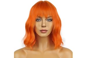 LANCAINI Wavy Wig With Bangs Women's Short Wigs Curly Wavy Bob Synthetic Cosplay Wig for Girls Daily Use Colorful Wigs (Orange)