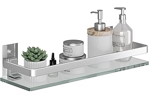 Danpoo Étagère Murale en Verre Tablette Salle de Bain,étagères murales en Verre trempé de 6 mm d'épaisseur pour Salle de Bain avec Support en Aluminium, Organiseur de shampooing, argenté