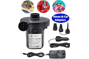 BOMPOW Electric Pump for Inflatables Quick Inflator Pump for Air Mattress Air Bed Paddling Pool Swimming Ring Camping Inflatables Inflate Deflate Pump with 3 Nozzles, AC 230V/DC 12V 50W