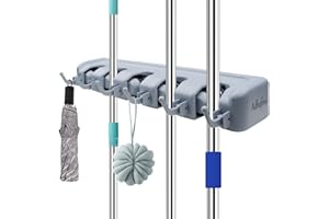 Adhafera Wall Mounted Broom and Mop Holder, 5 Position and 6 Hook Organizer for Garage, Garden, Kitchen Tools Storage